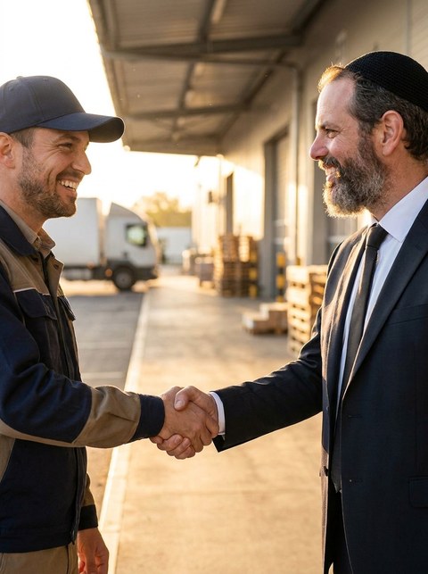 A Burnsed driver shaking hands with a client at the loading dock